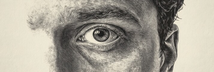 Obraz premium Engraved black and white portrait showcasing a detailed vintage etching style of a man’s expressive eye and face