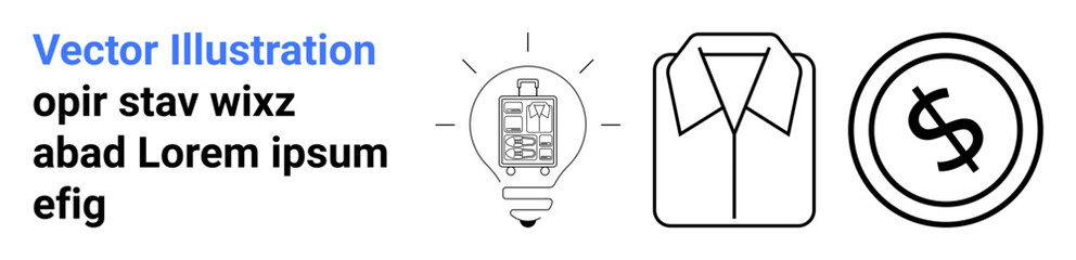 Light bulb with product inside, minimal shirt design, and dollar coin circle. Ideal for innovation, creativity, fashion, apparel, e-commerce entrepreneurship finance. Abstract line flat metaphor