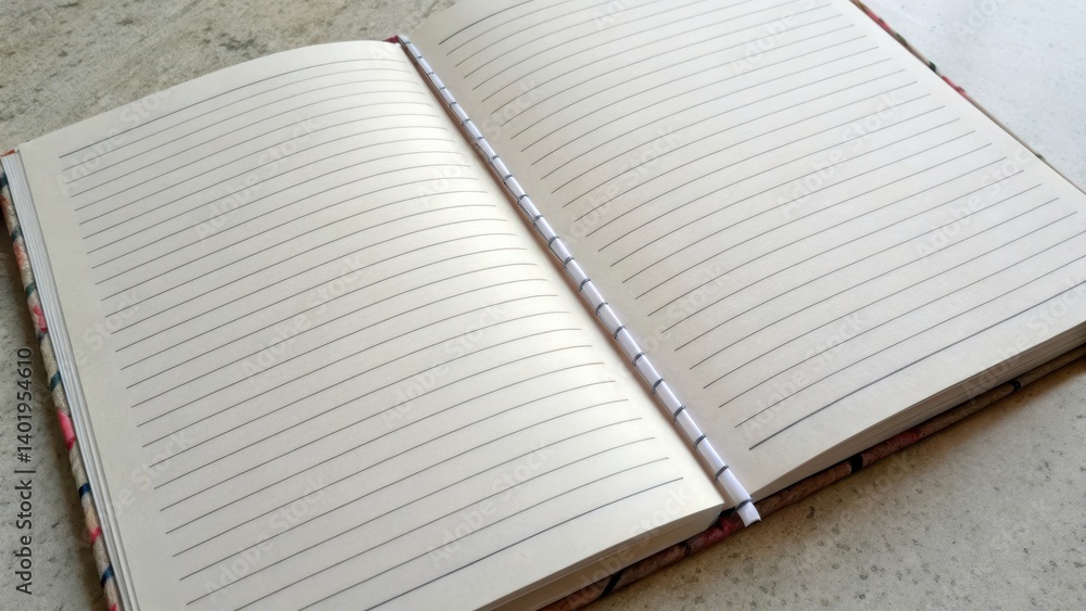 Poster open notebook with blank lined pages on a flat surface.