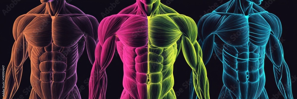 Poster muscle groups illustrated with color-coded lines over a black background showing a modern medical de