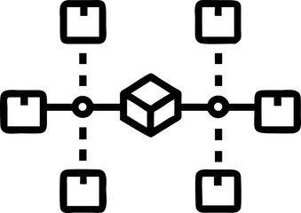 diagram illustrating network of interconnected blocks, representing blockchain system. central block connects to multiple surrounding blocks, symbolizing decentralized data distribution