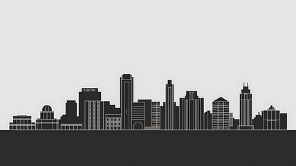 Minimalist Austin City Skyline Silhouette on Black Background with Iconic Downtown Landmarks

