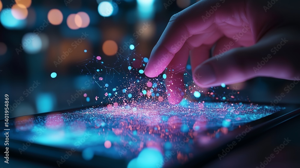 Poster interactive touch on a digital screen creating colorful sparkles in a vibrant setting