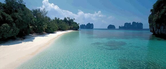 Pristine beach, turquoise water, and lush island scenery