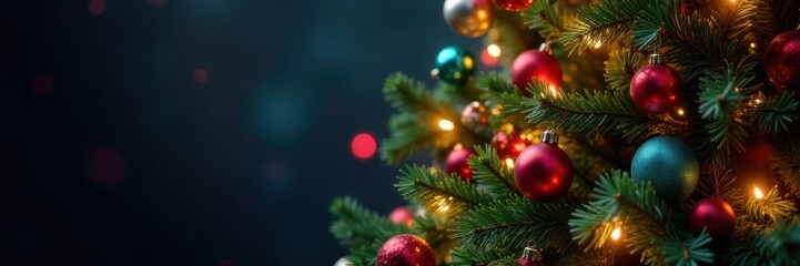 Luxurious Christmas tree adorned with vibrant lights and colorful ornaments, Holiday Season, Twinkling Lights