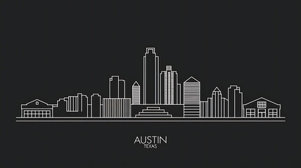 Obraz premium Minimalist Austin City Skyline Silhouette on Black Background with Iconic Downtown Landmarks