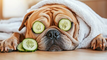 Cute pet dog, such as pug, chiwawa,golden retriever,enjoys a spa moment with cucumber slices, wrapped in a soft towel, embodying relaxation and self-care.