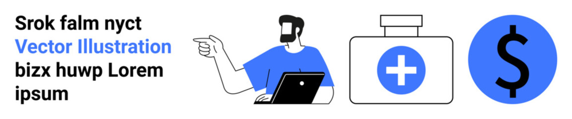 Man with laptop gesturing, medical kit, dollar sign in blue. Ideal for healthcare, finance, analysis, guidance, online solutions, digital tools flat landing page banner