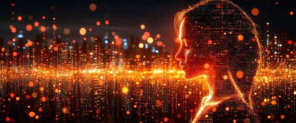 Silhouette of a woman overlaid with city lights, creating a glowing, digitalized effect
