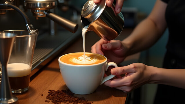 Barista's hands creating tulip latte art, milk swirling into espresso. Professional coffee shop moment in warm light.