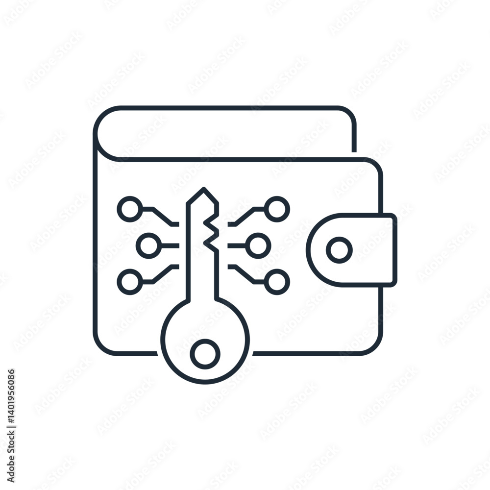 Poster digital currency wallet with electronic key.vector linear icon isolated on white background.