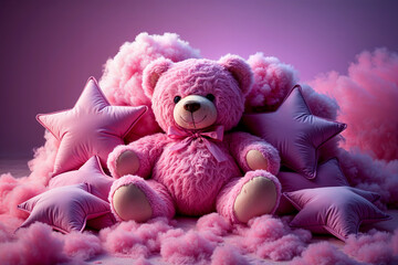 plush pink teddy bear sits amidst pink star pillows and fluffy pink clouds against a purple backdrop, creating a whimsical and dreamy composition