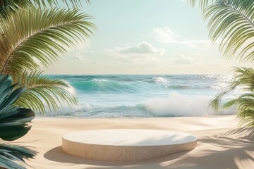 3D render of tropical beach scene with podium for product display, palm leaves, ocean waves and sunlight