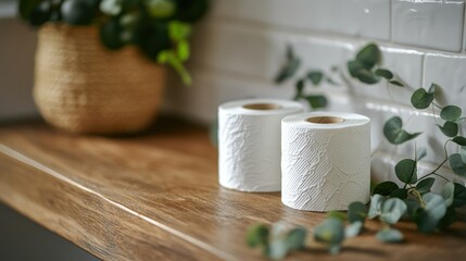 Two rolls of toilet paper on a wooden shelf, next to a woven planter with greenery