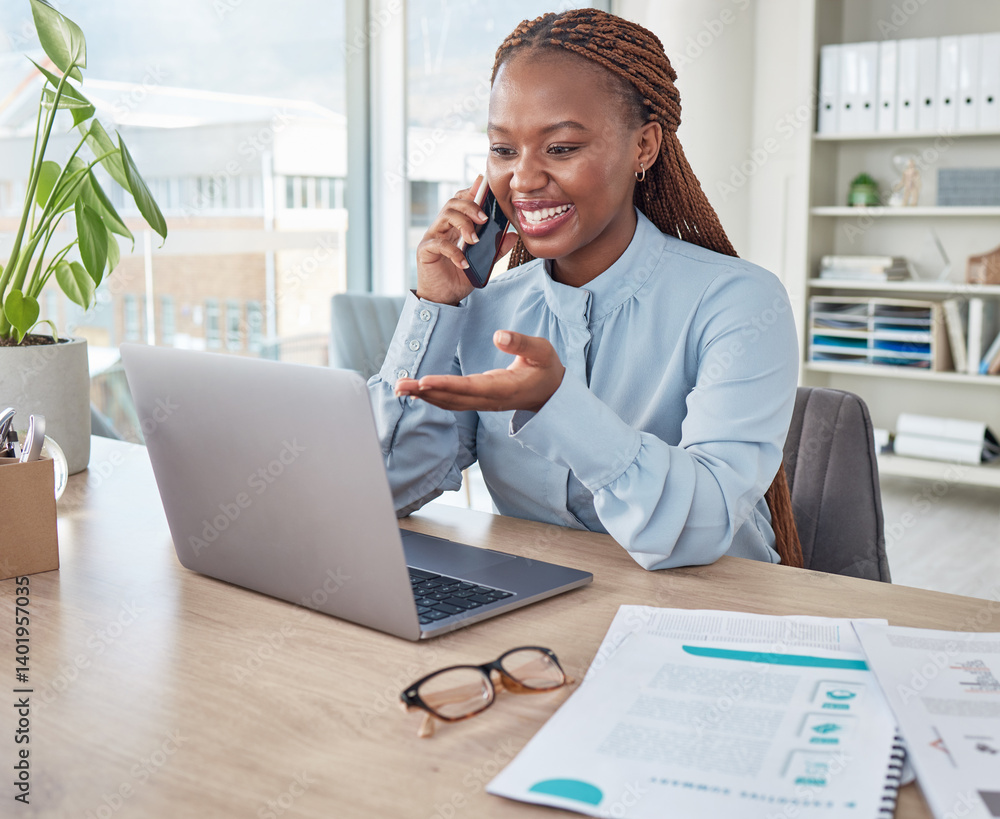 Poster Businesswoman talking on phone call and browsing a laptop in an office. Female assistant smiling, discussing and networking with client while planning and scheduling appointments at a startup company