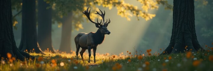 Muted forest creature profile, antlers in shadow, wild, outdoors