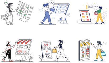 Flat Illustration of People Doing Online Shopping and E-commerce Activities.