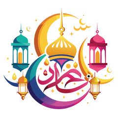 Fototapeta premium Islamic celebration graphic with lanterns, crescent moons, and calligraphy