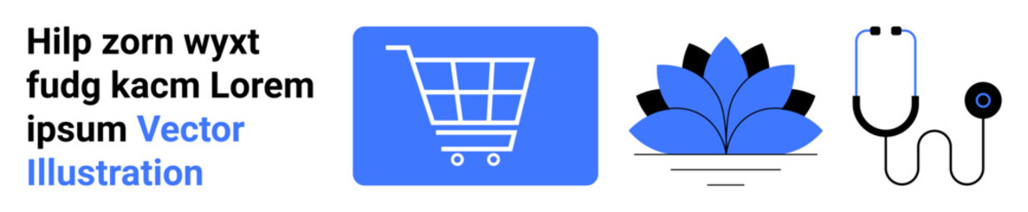 Shopping cart for commerce, lotus flower symbolizing wellness, and stethoscope depicting healthcare. Ideal for business, wellness brands, healthcare apps, ecommerce, holistic health, medical