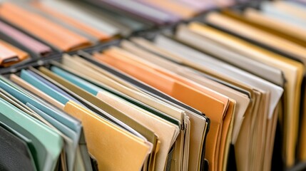 Close-up view of numerous files in a filing cabinet.