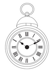 Black and white vintage clock illustration for coloring books. Retro timepiece drawing, ideal for adult coloring pages and printable creative activities.