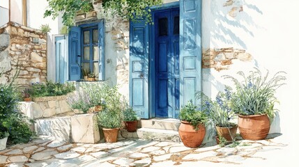 Watercolor of Traditional greek Santorini house with bougainvillea flowers,Greece islands blue white traditional cafe restaurant architecture,Santorini blue door window,Mediterranean scene.