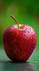 Fresh Red Apple with Water Droplets on Green Surface