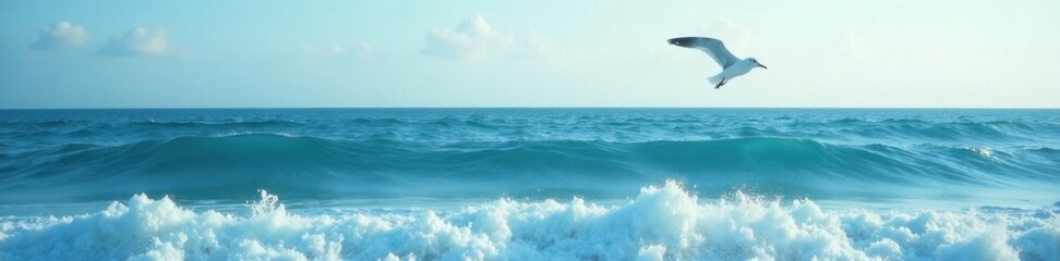 Fototapeta premium A serene ocean scene with a single seagull soaring in the air amidst waves, ocean, beach, birds
