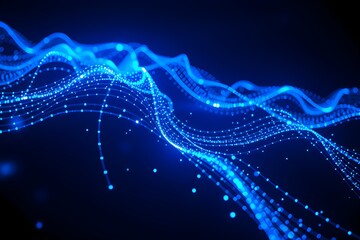 Glowing blue digital waves form an abstract pattern on a dark background