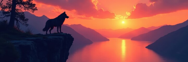 Silhouette of wolf standing on cliff edge at sunset over lake, nature, landscape