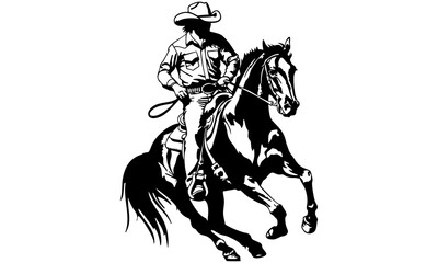 Cowboy Riding Horse with Lasso - Black and White Vector