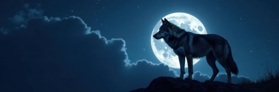Gray wolf in silhouette against a full moon, gray wolf, silhuet