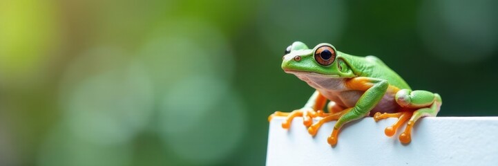 Obraz premium Frog perched on a white board, frog, amphibian