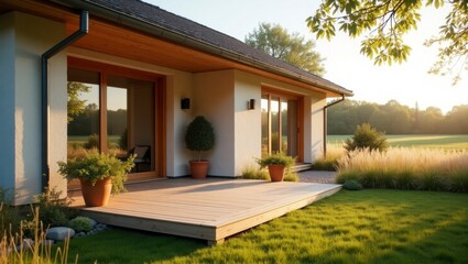 Fototapeta premium Charming house featuring a cozy deck adorned with potted plants creating a welcoming outdoor space perfect for relaxation and enjoyment in a serene neighborhood environment