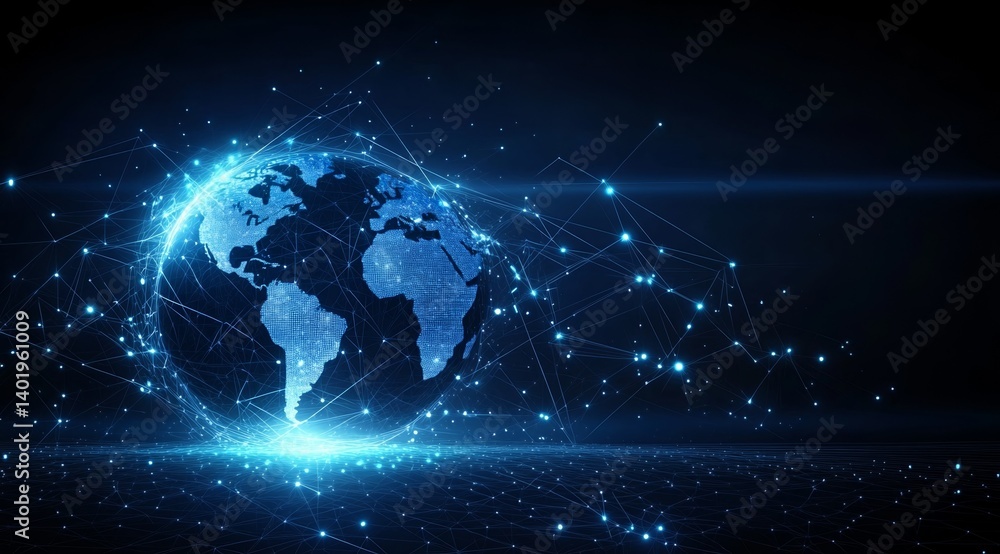 Aufkleber global network and connectivity concept with earth and light effects on dark blue background with li