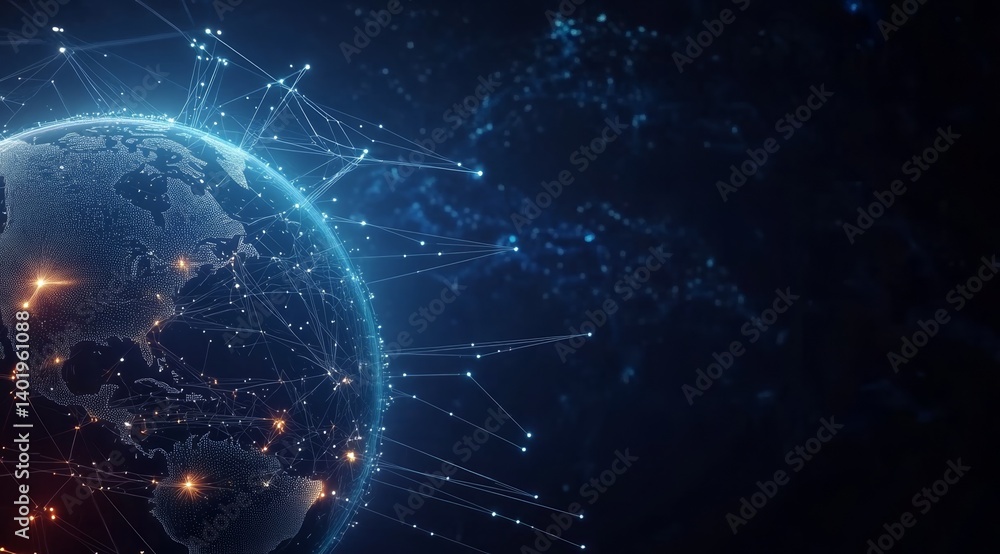 Poster global network and connectivity concept with earth and light effects on dark blue background with li
