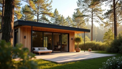 Fototapeta premium Another beautiful modern house hidden within the enchanting woods surrounded by nature creating a perfect setting for relaxation and a deep connection with the environment