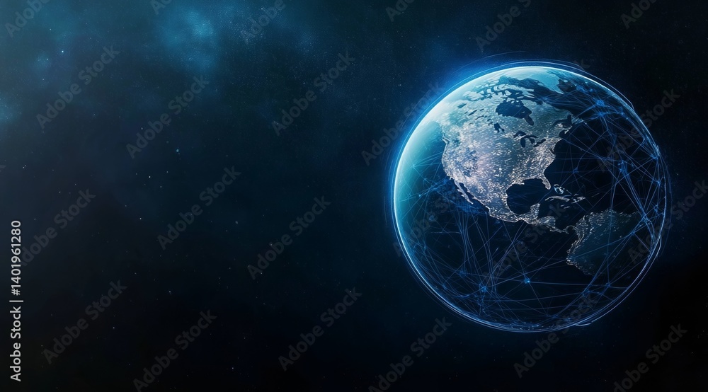 Poster abstract planet earth with global network connectivity and data transfer concept on blue background 