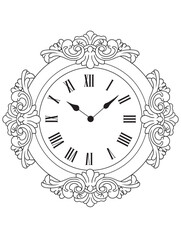 Black and white vintage clock illustration for coloring books. Retro timepiece drawing, ideal for adult coloring pages and printable creative activities.