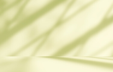 Empty yellow colour room studio with sunlight effect shadow on the floor and wall for product presentation. Minimal backdrop design. Cosmetic, beauty and fashion showroom. Summer background mock up