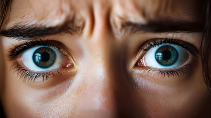 Fearful Eyes: A close-up shot of a woman's eyes, wide with fear and apprehension, capturing the raw emotion of terror and vulnerability in an intimate and unsettling way.