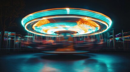 Obraz premium Vibrant Carousel at Night with Colorful Lights and Motion Blur Effect in Amusement Park