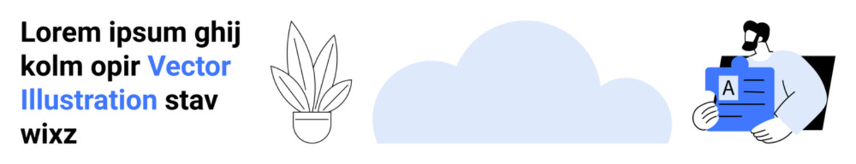 Potted plant, blue cloud, and man holding document clipboard alongside placeholder text. Ideal for creativity, nature, data management, minimalism, workspace, documentation flat landing page banner