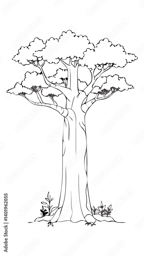 Poster tall tree with intricate line art showcasing detailed branches and leaves in a serene natural settin