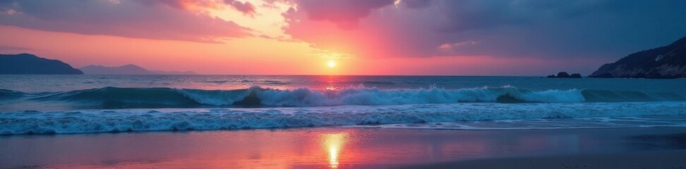 Fototapeta premium Peaceful evening sky with a single wave on the shore, sky, sandy beach, waves