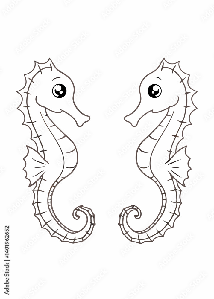 Poster intricate black and white line drawing of two playful seahorses creating a whimsical underwater atmo