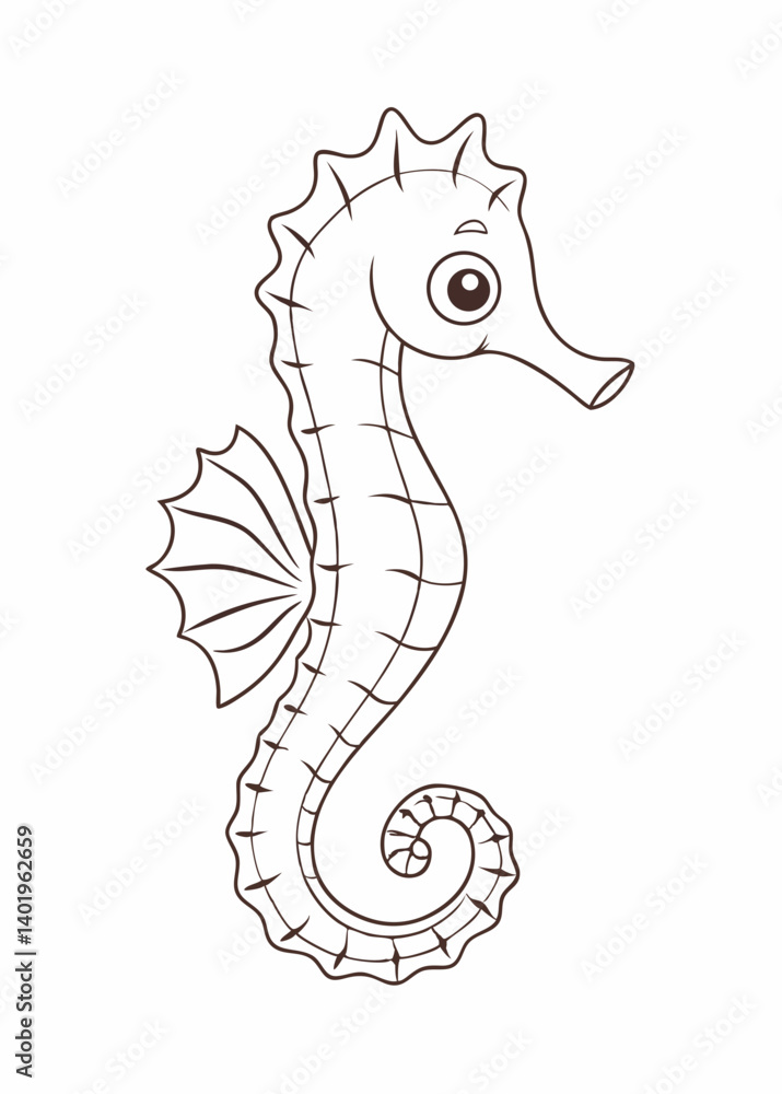 Poster black and white line drawing of a seahorse displaying intricate details and a whimsical expression g