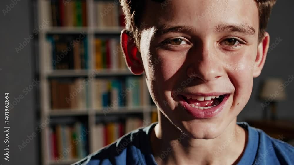 Poster close-up video of a smiling boy in a cozy room, with a bookshelf in the background. captured at eye 