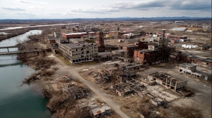 Aerial view of abandoned industrial complex by a river