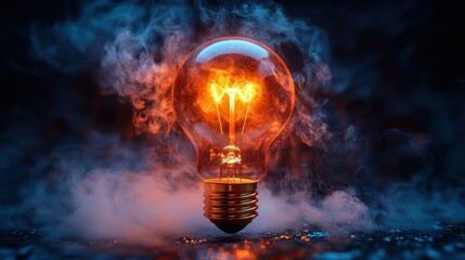 Incandescent light bulb glowing brightly amidst smoke